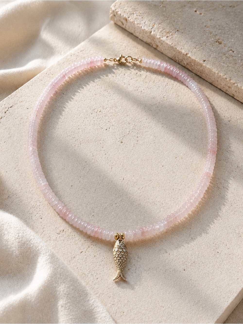 Pink Tide Rose Quartz 16” Beaded 18K Gold Plated Resin Fish Necklace Coastal